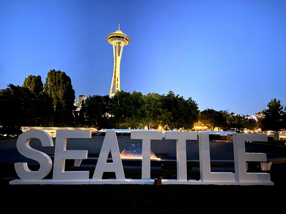 seattle-giant-letters-space-needle Seattle - Giant Letters with Space Needle in background in late afternoon in Seattle, WA